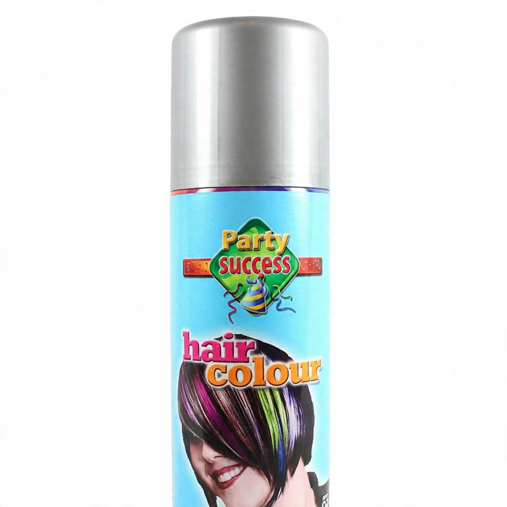 Detail view of Party Success silver temporary hair colour spray can.