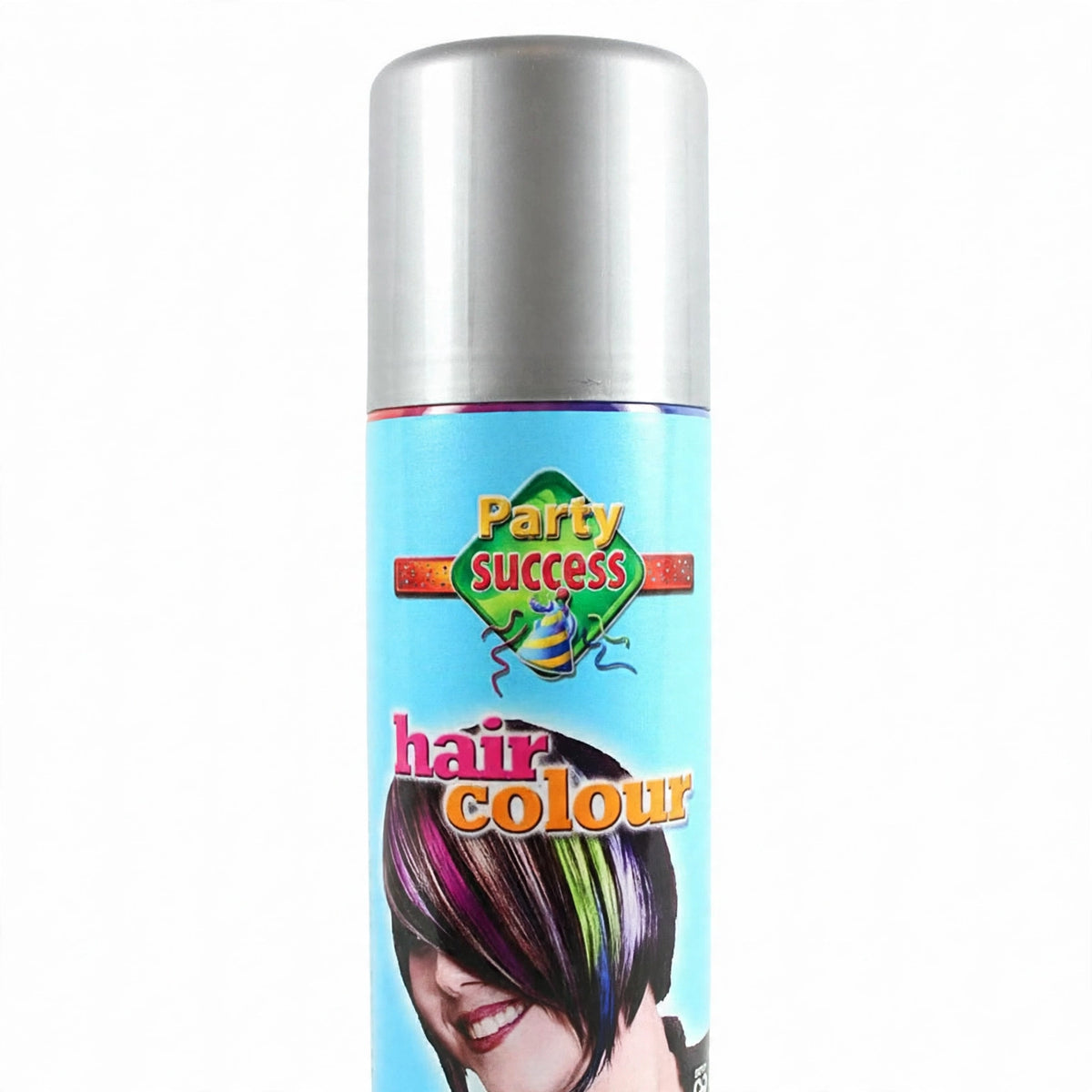 Detail view of Party Success silver temporary hair colour spray can.