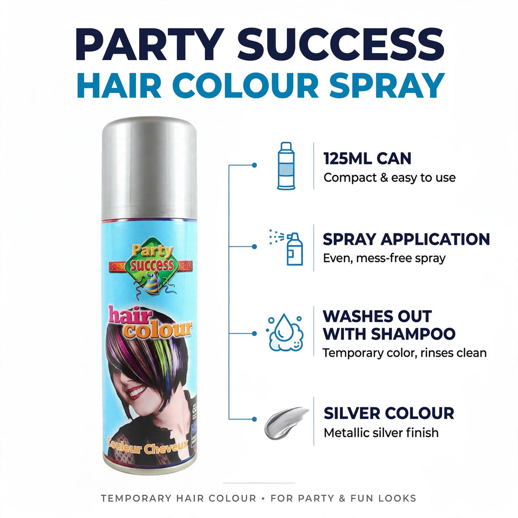 Infographic showing features of the silver temporary hair colour spray.
