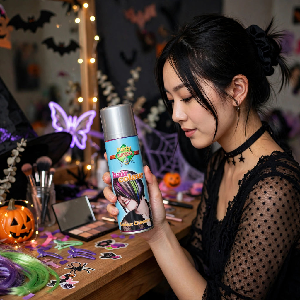 Party Success silver temporary hair colour spray being used for a costume at a themed event.