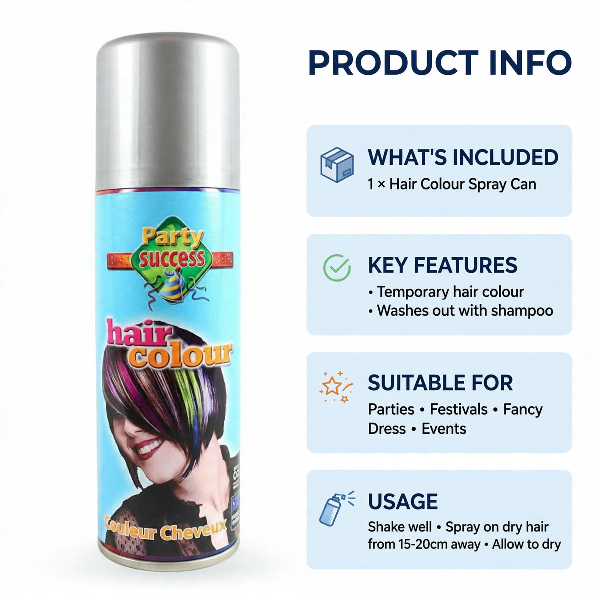 Practical information about the temporary hair colour spray that washes out easily.