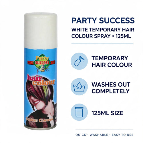 Infographic showing key features of Party Success White Temporary Hair Colour Spray.