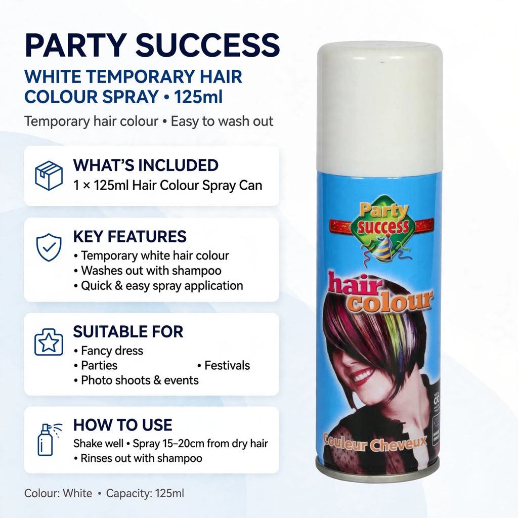 Product details for Party Success White Temporary Hair Colour Spray 125ml.