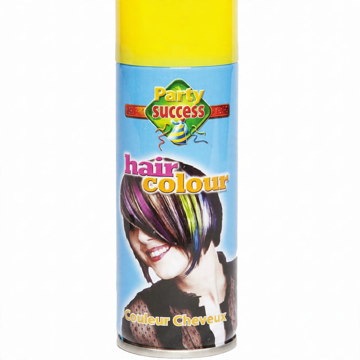 Close-up view of the yellow temporary hair colour spray can