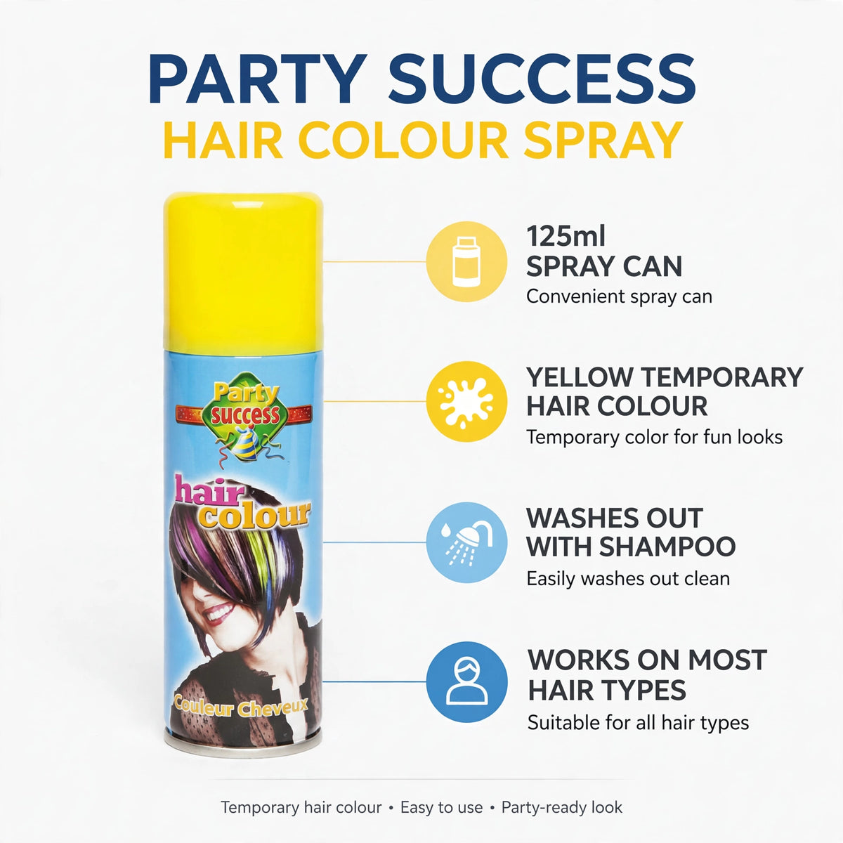 Infographic detailing features of the yellow temporary hair colour spray