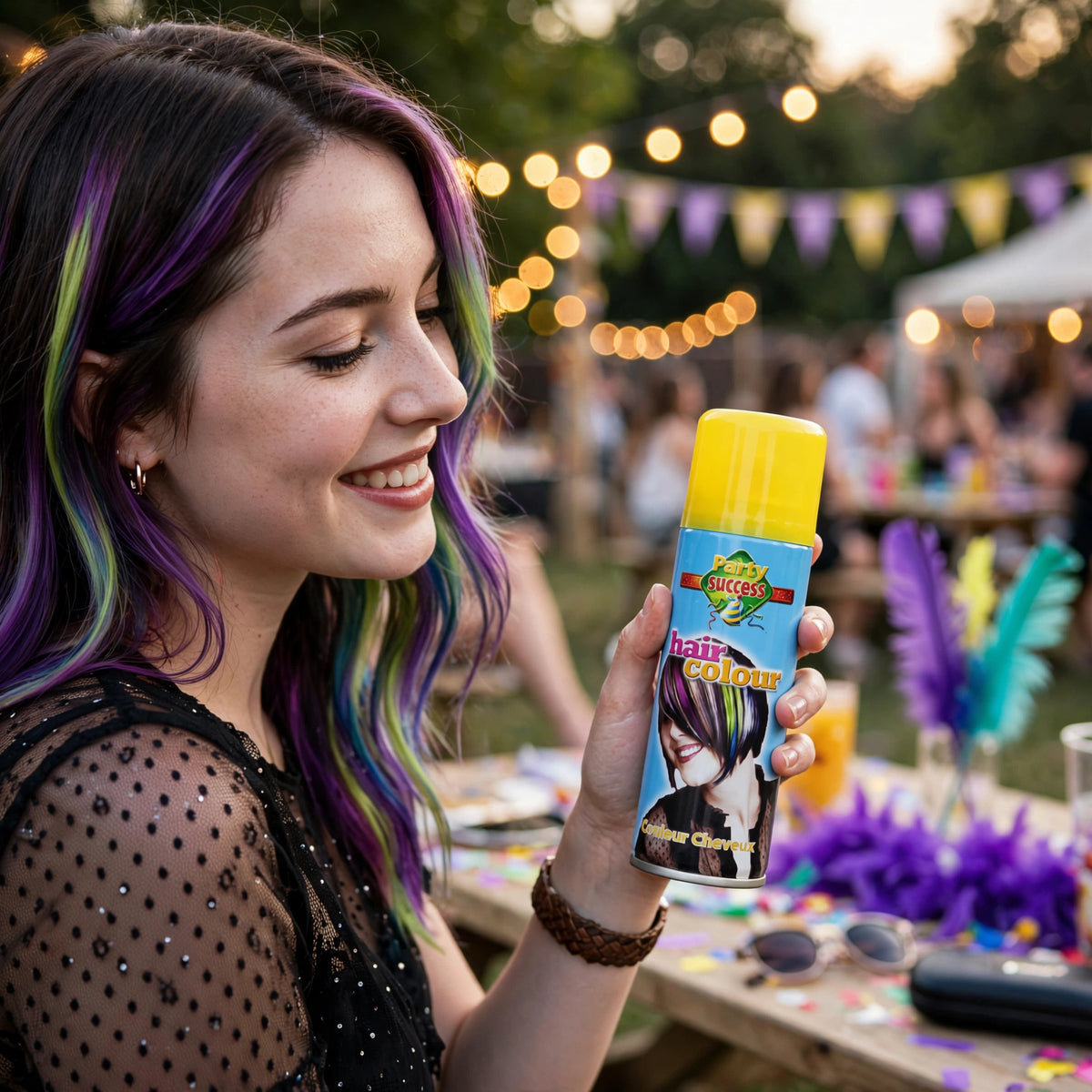 Person using yellow temporary hair colour spray for a themed party