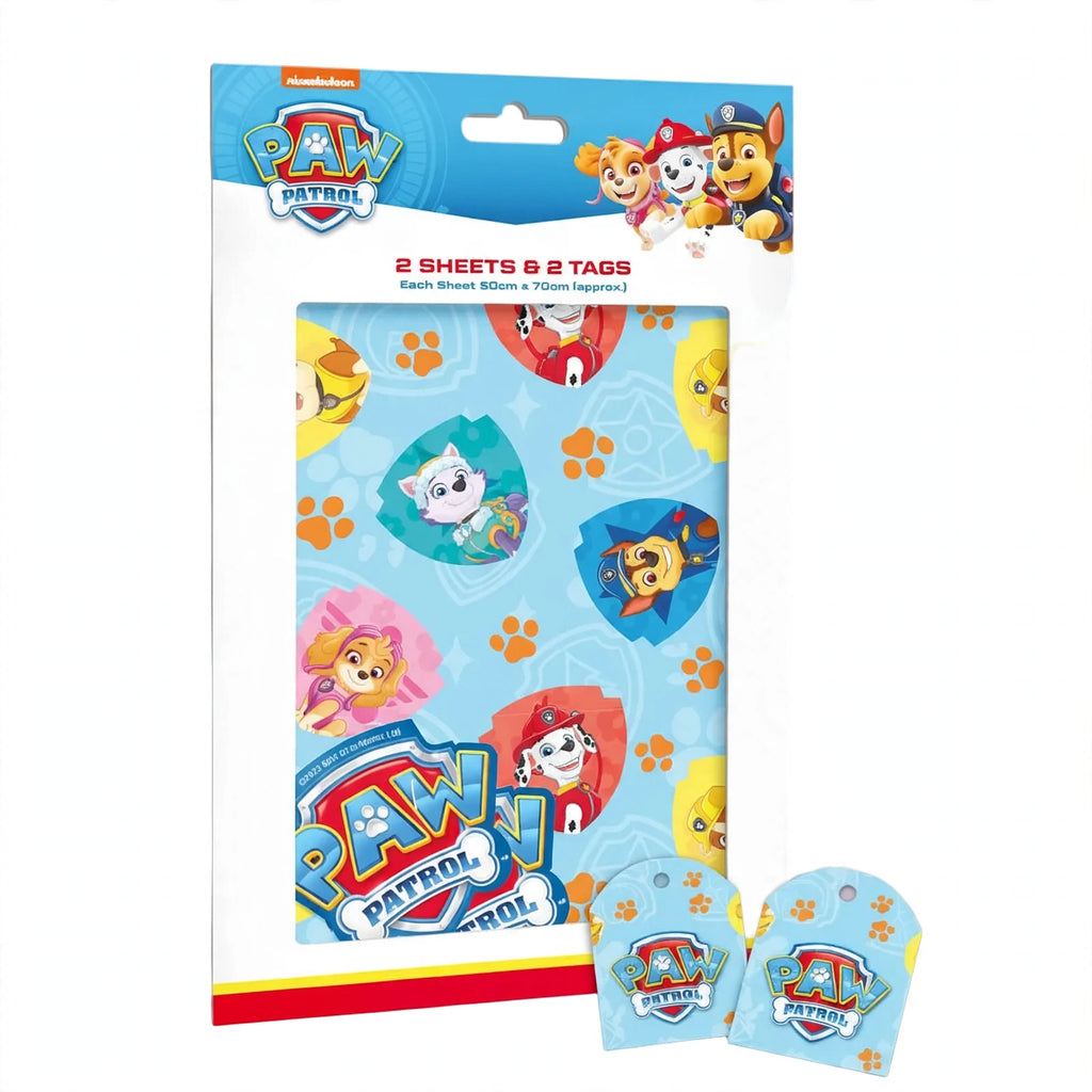 Paw Patrol wrapping paper set with 2 folded sheets and 2 matching gift tags