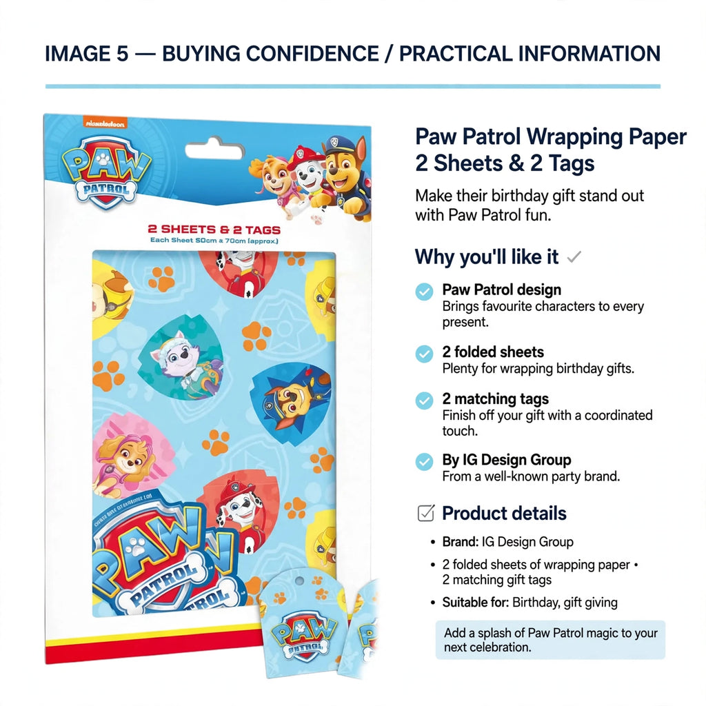 Paw Patrol wrapping paper set by IG Design Group with 2 sheets and 2 gift tags for birthday gifts