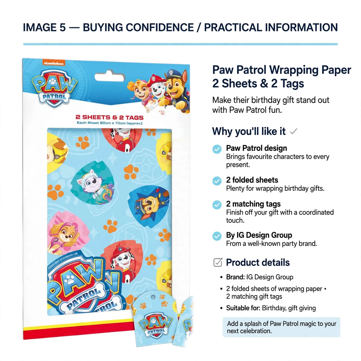 Paw Patrol wrapping paper set by IG Design Group with 2 sheets and 2 gift tags for birthday gifts