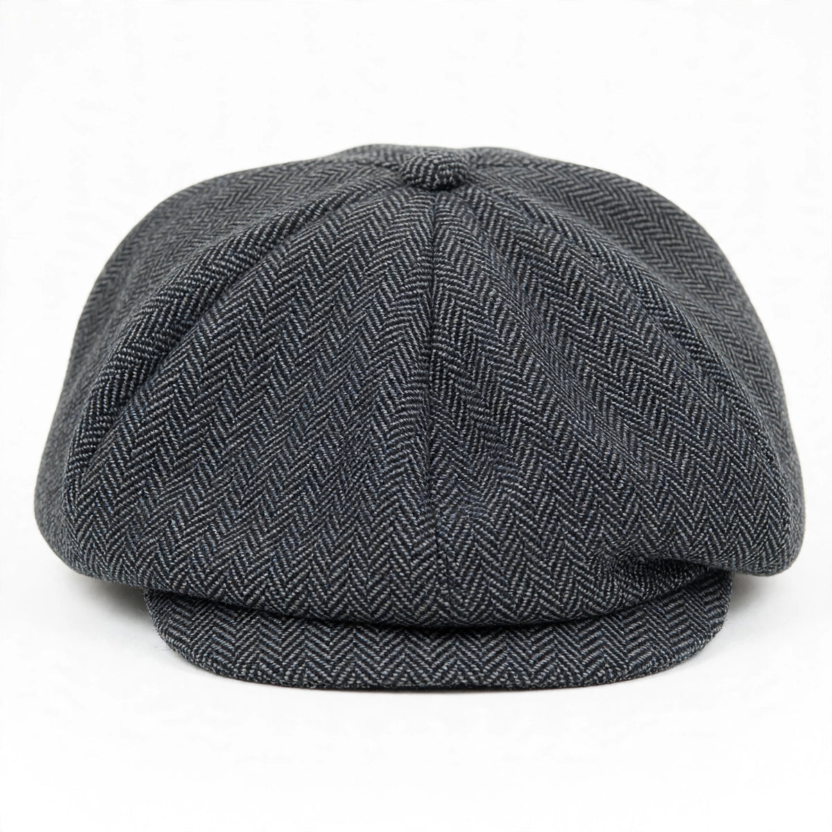 Peaky Blinders style flat cap in grey herringbone with eight-panel newsboy silhouette and structured peak
