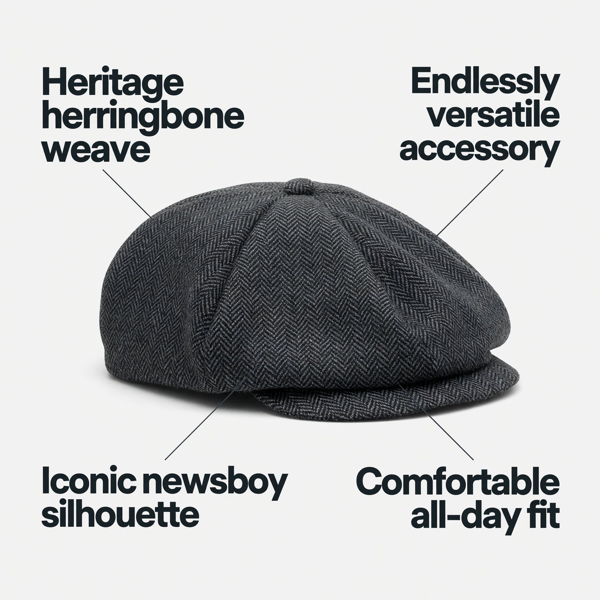 Peaky Blinders Style Flat Cap - Grey Herringbone