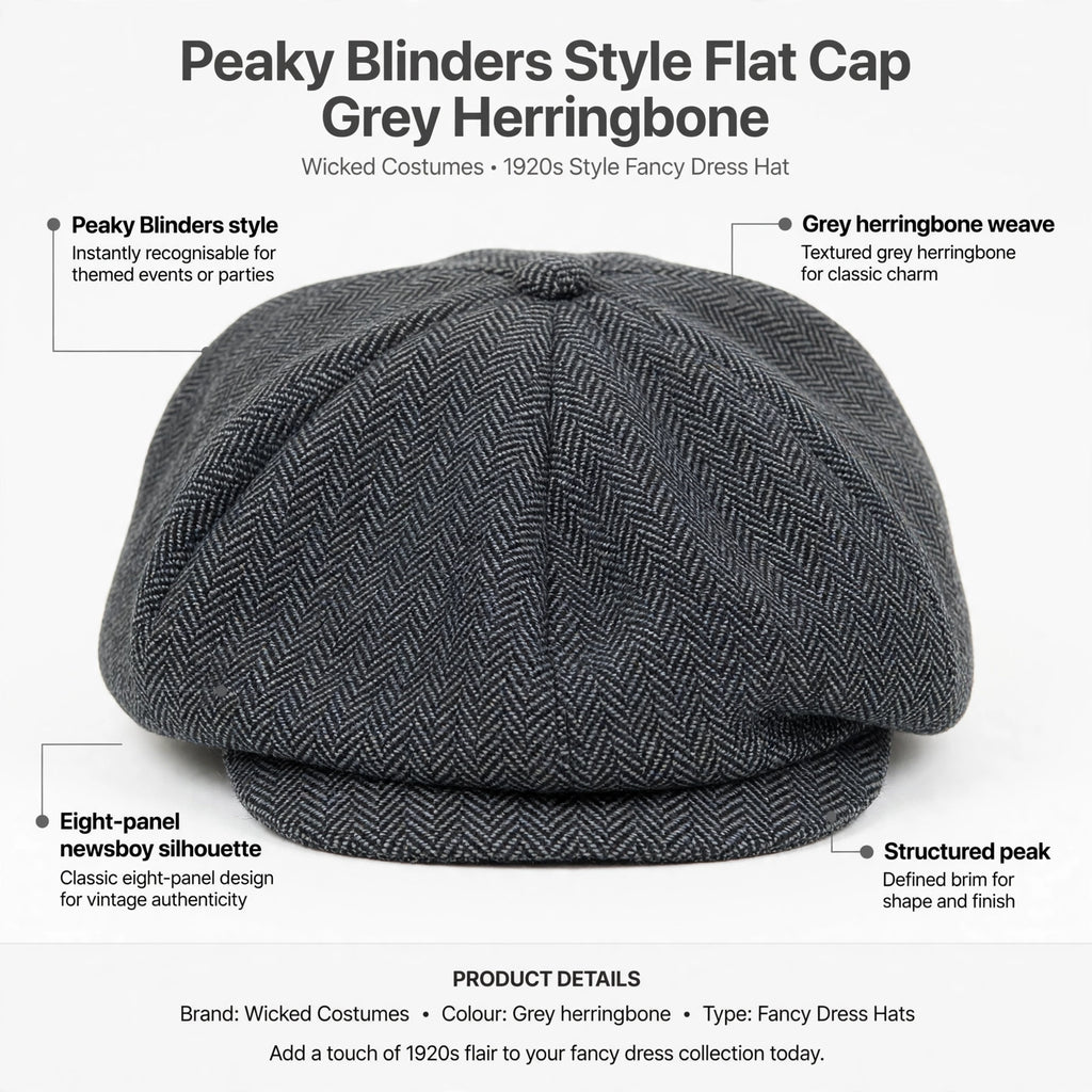 Infographic showing Peaky Blinders style, grey herringbone weave, eight-panel newsboy silhouette, and structured peak features