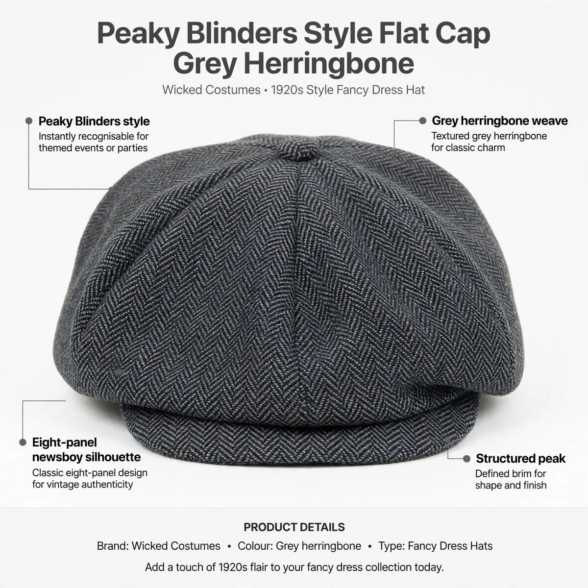 Infographic showing Peaky Blinders style, grey herringbone weave, eight-panel newsboy silhouette, and structured peak features