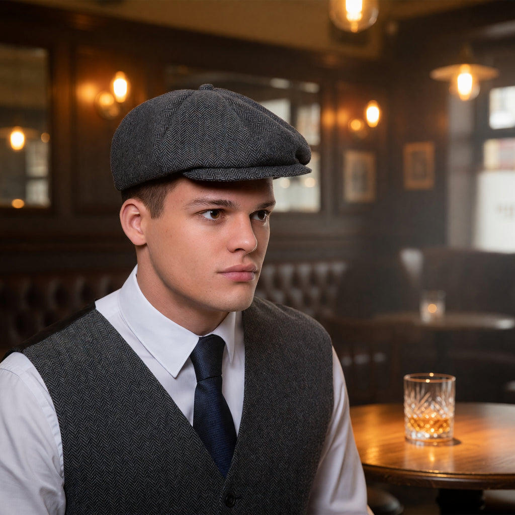 Peaky Blinders Style Flat Cap - Grey Herringbone – product image 6