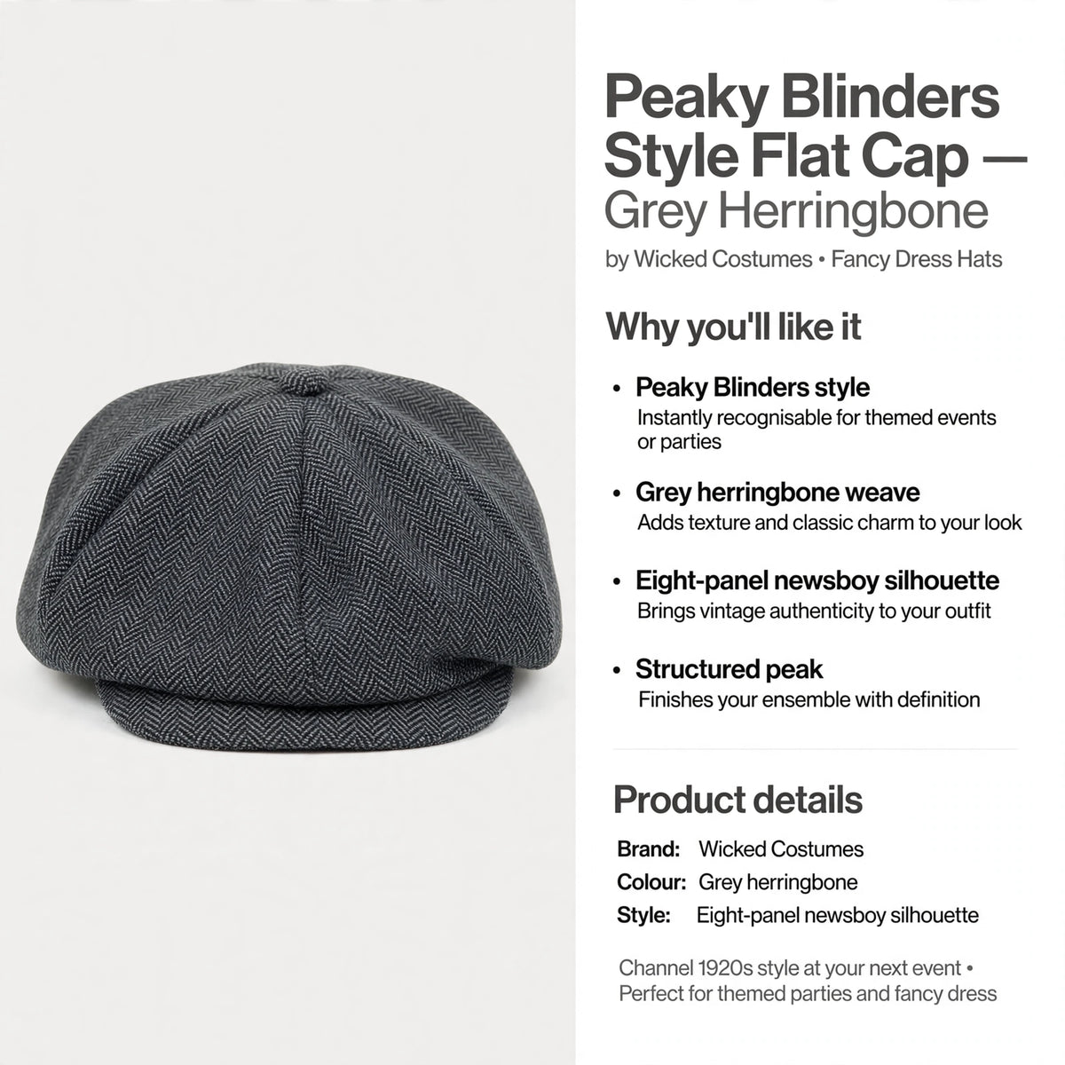 Information on Peaky Blinders style flat cap suitable for themed parties and fancy dress occasions