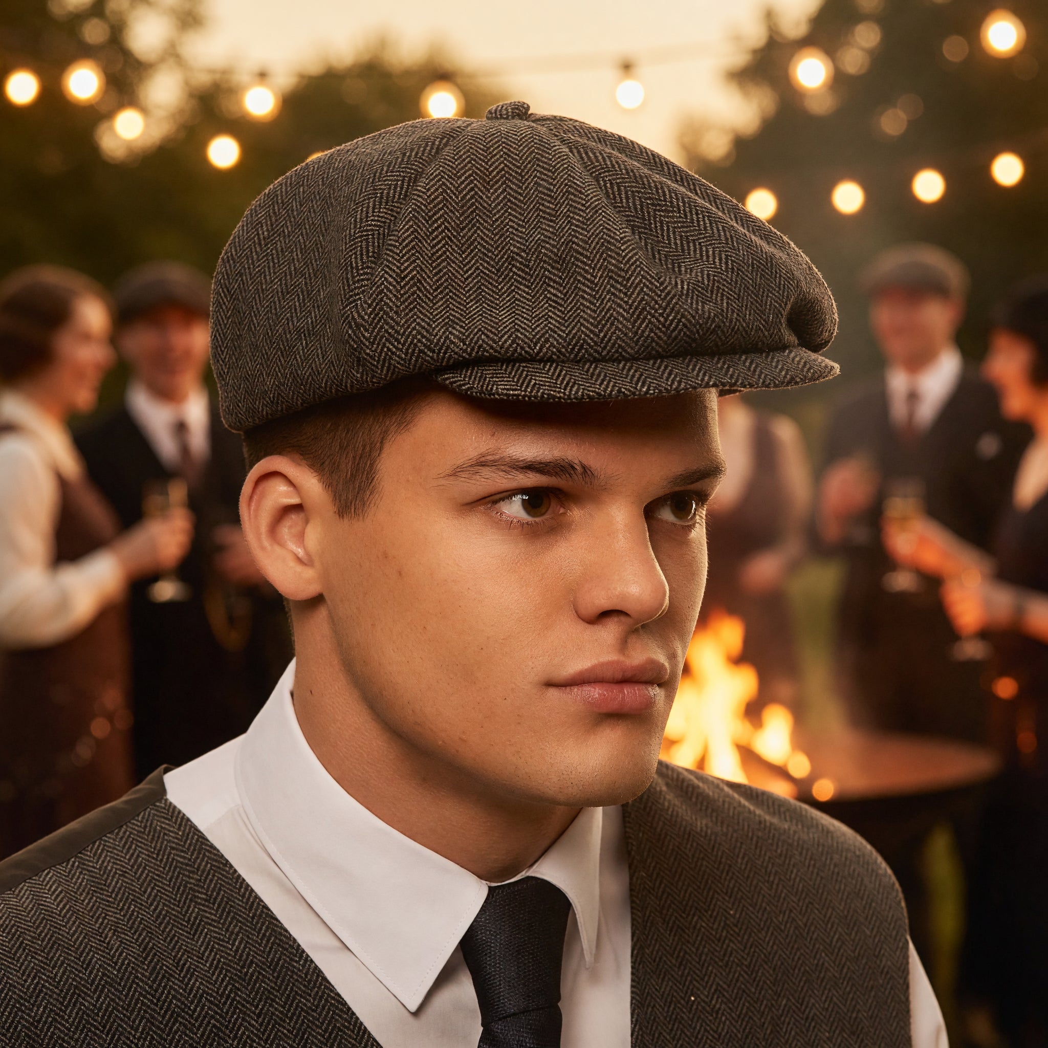 Peaky Blinders Style Flat Cap - Grey Herringbone