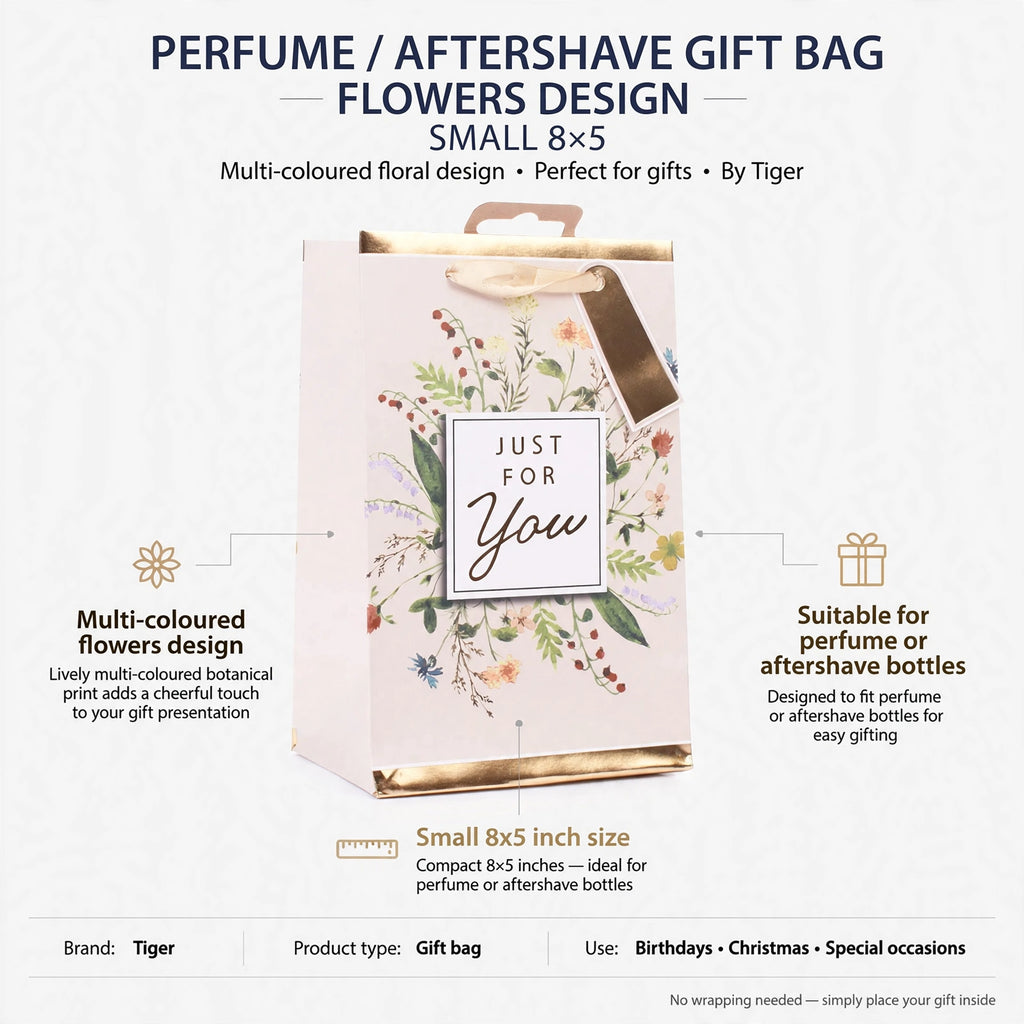 Infographic showing multi-coloured flowers design and 8x5 inch size of gift bag