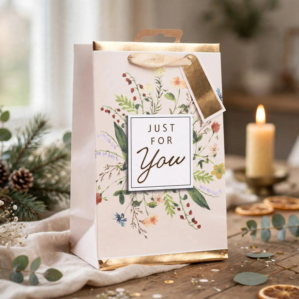 Gift bag with multi-coloured flowers design ready for presenting perfume or aftershave gift