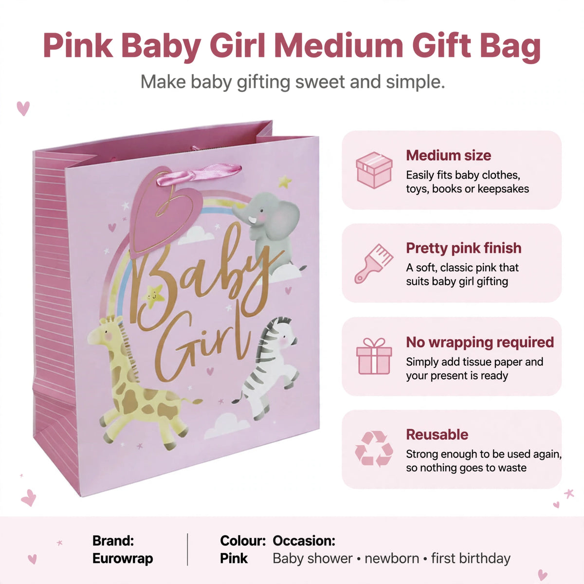 Gift bag features medium size, pink color, no wrapping needed, and reusable design