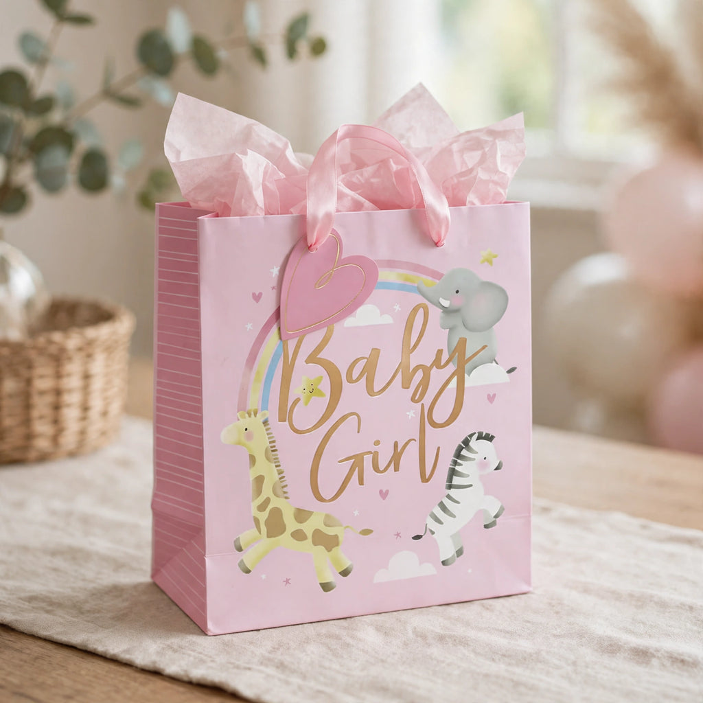 Pink Baby Girl Medium Gift Bag ready for baby shower or first birthday gift