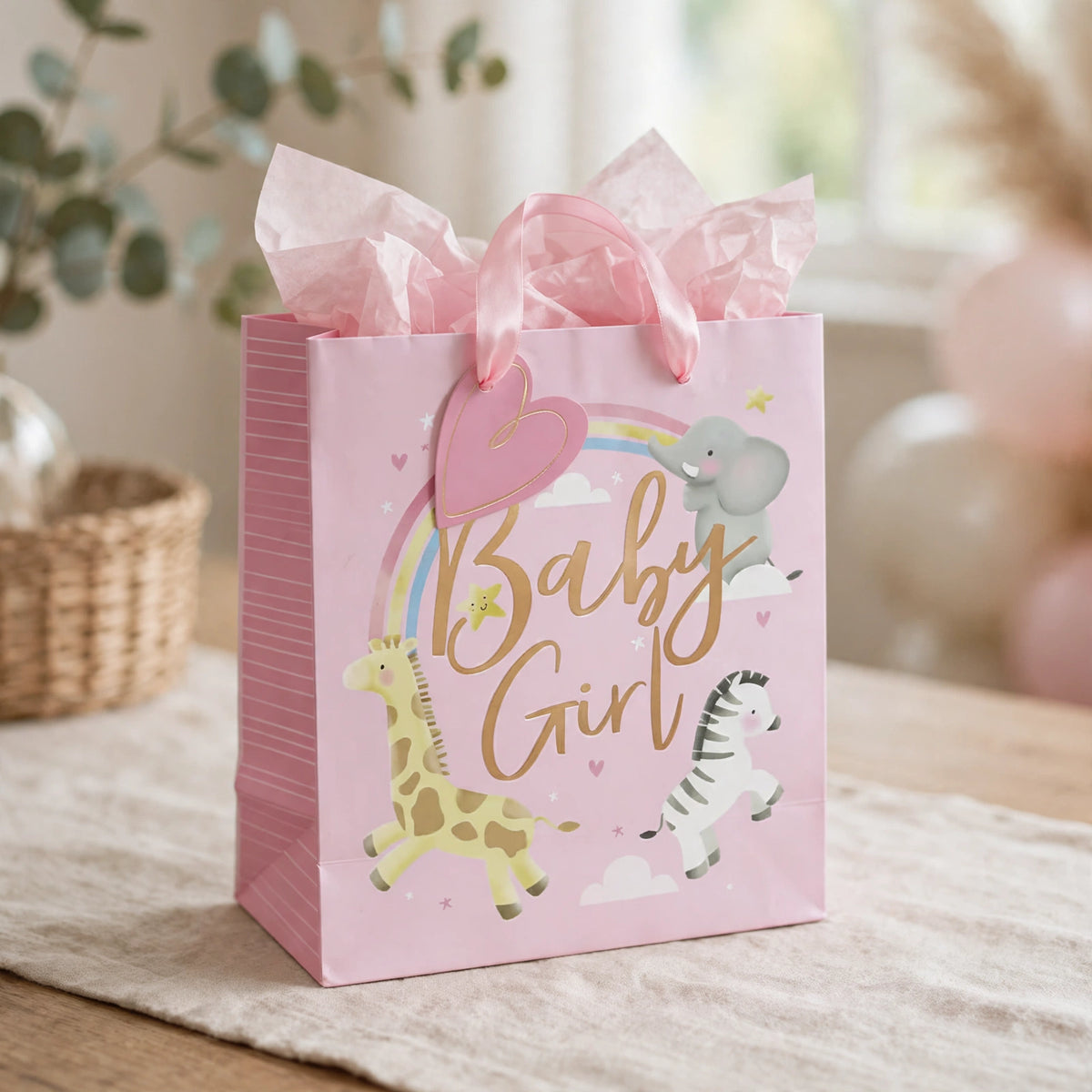 Pink Baby Girl Medium Gift Bag ready for baby shower or first birthday gift