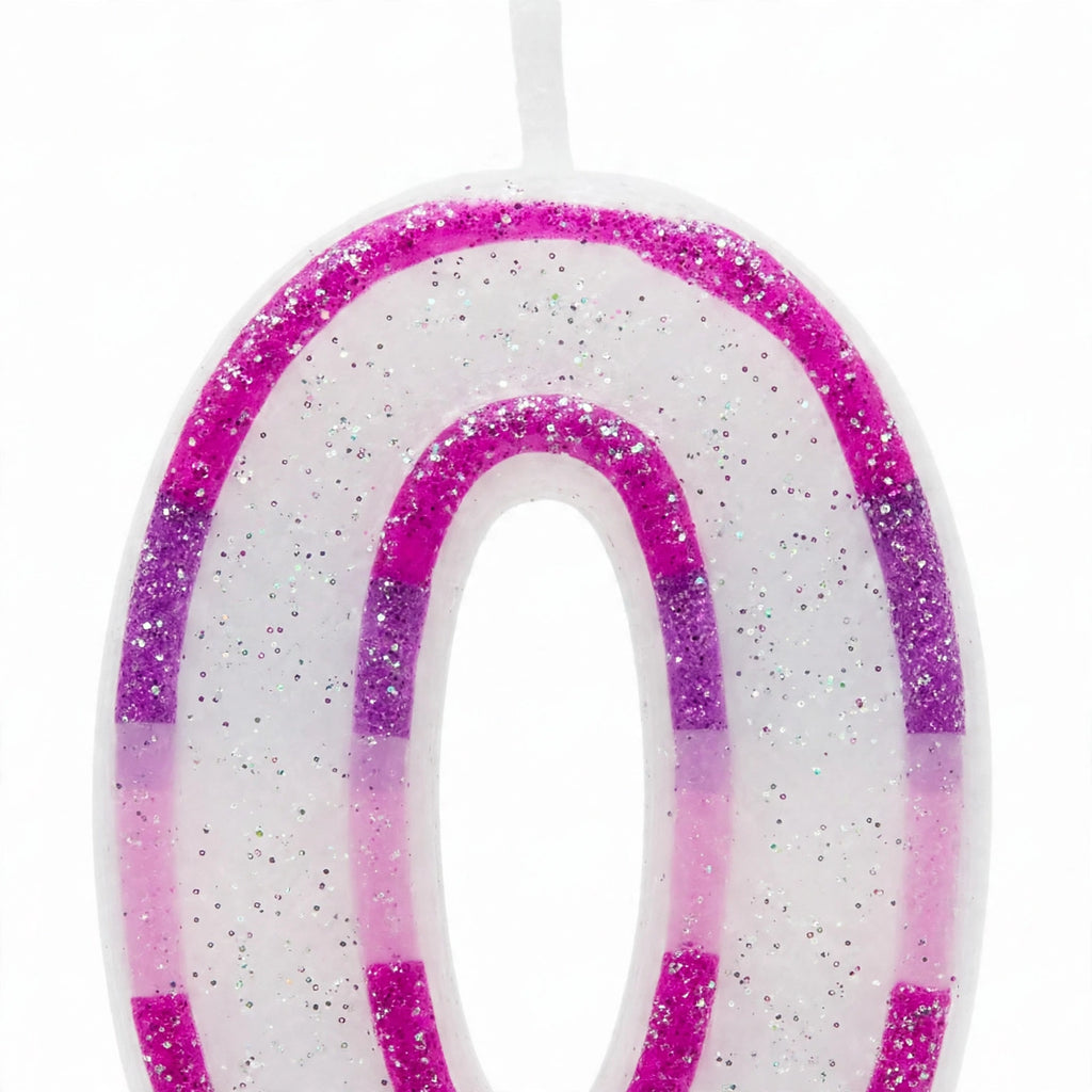 Close-up view of Pink Glitter Number 0 Birthday Candle showing glitter detail