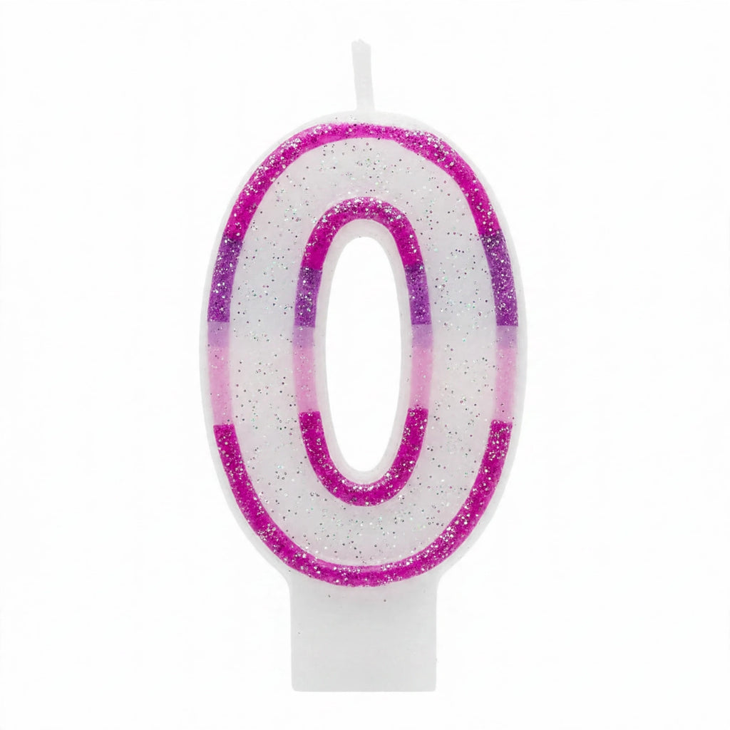 Pink Glitter Number 0 Birthday Candle with pink glitter border