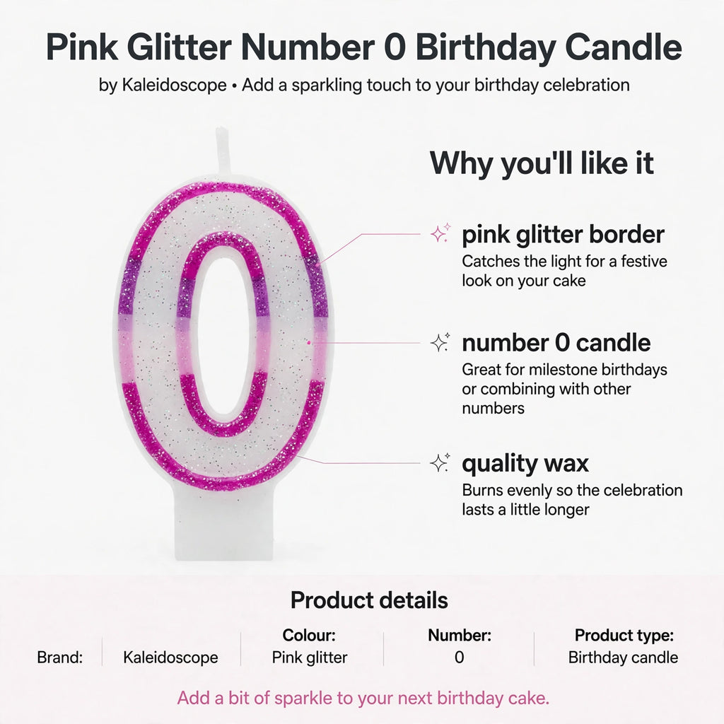 Infographic showing pink glitter border, number 0 shape, and quality wax