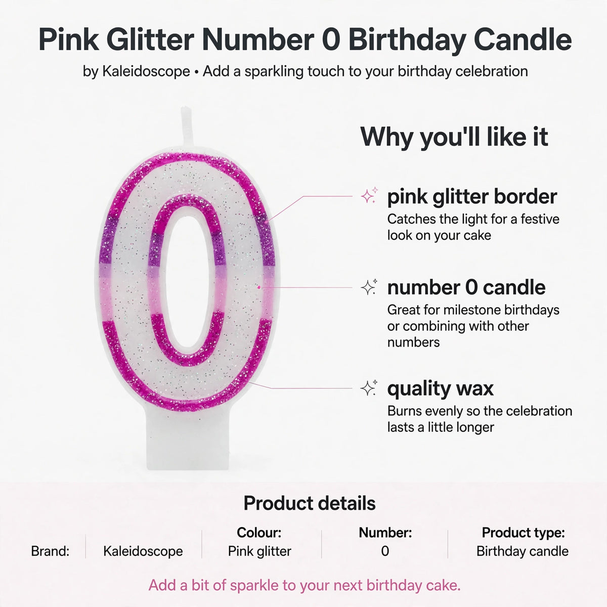 Infographic showing pink glitter border, number 0 shape, and quality wax