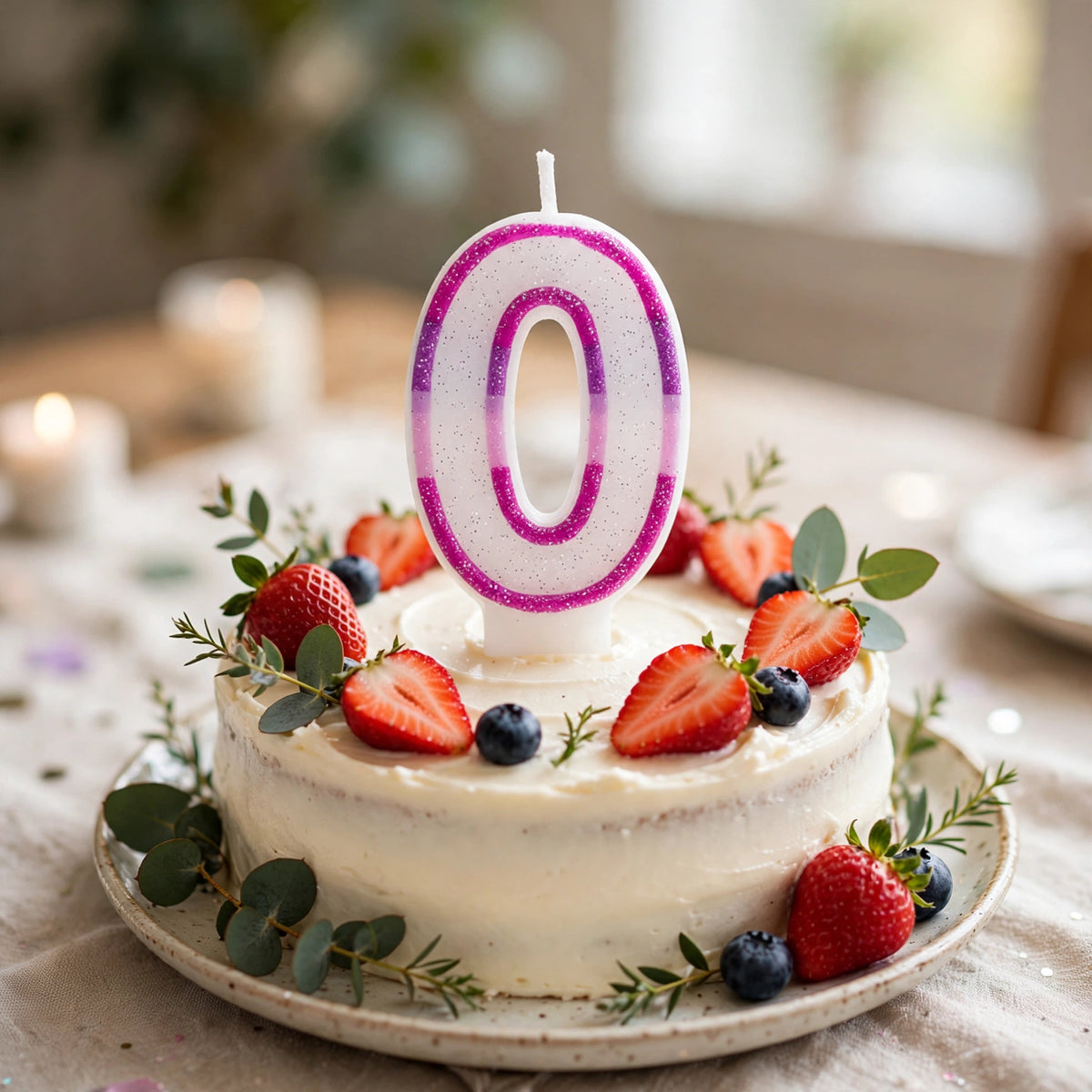 Pink Glitter Number 0 Birthday Candle placed on a birthday cake