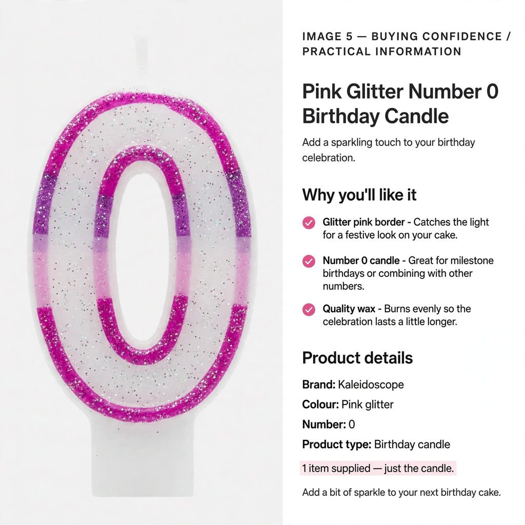 Pink Glitter Number 0 Birthday Candle burns evenly with quality wax