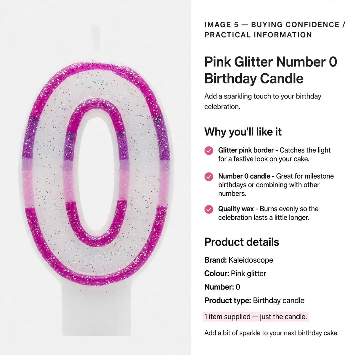 Pink Glitter Number 0 Birthday Candle burns evenly with quality wax