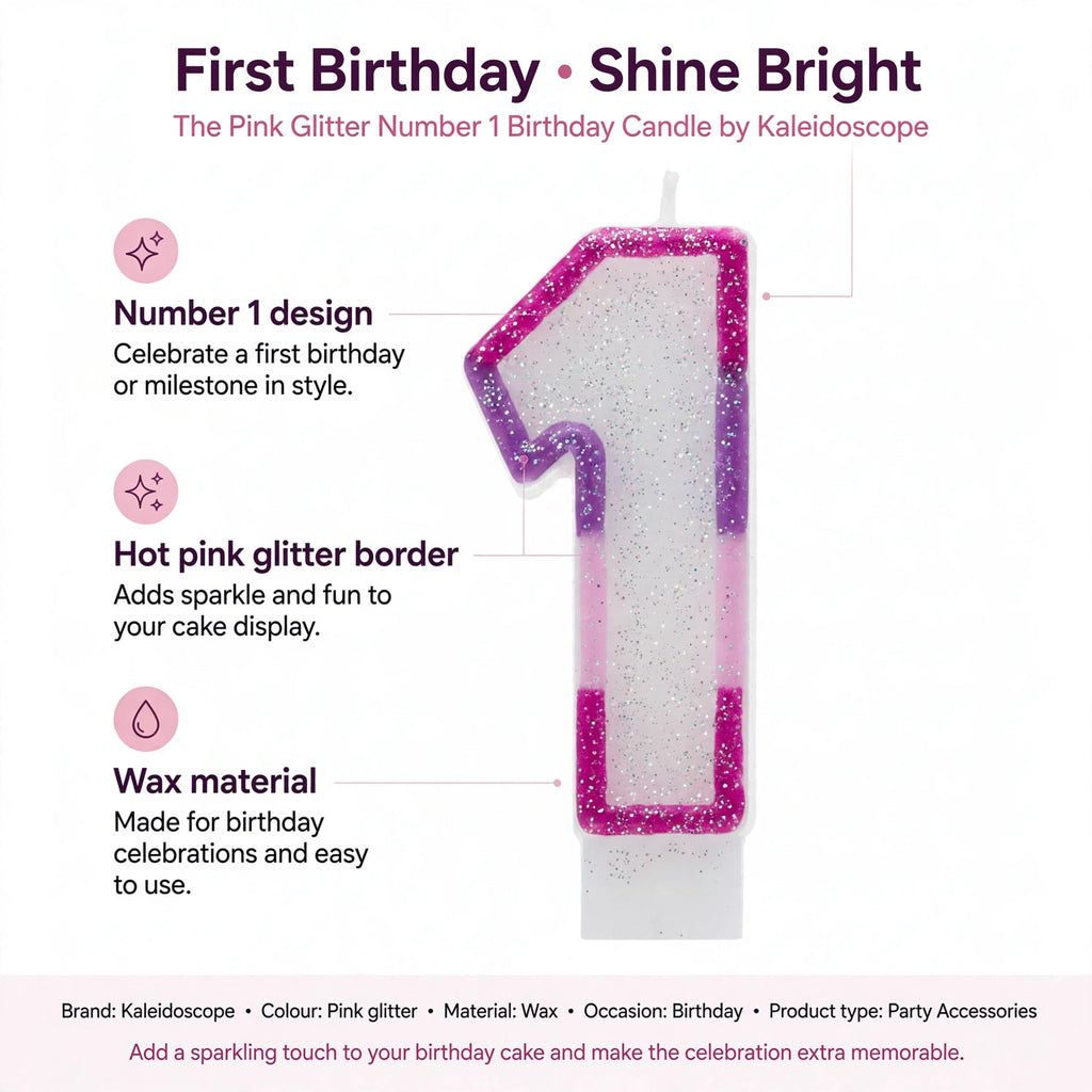 Infographic showing Number 1 design, hot pink glitter border, and wax material
