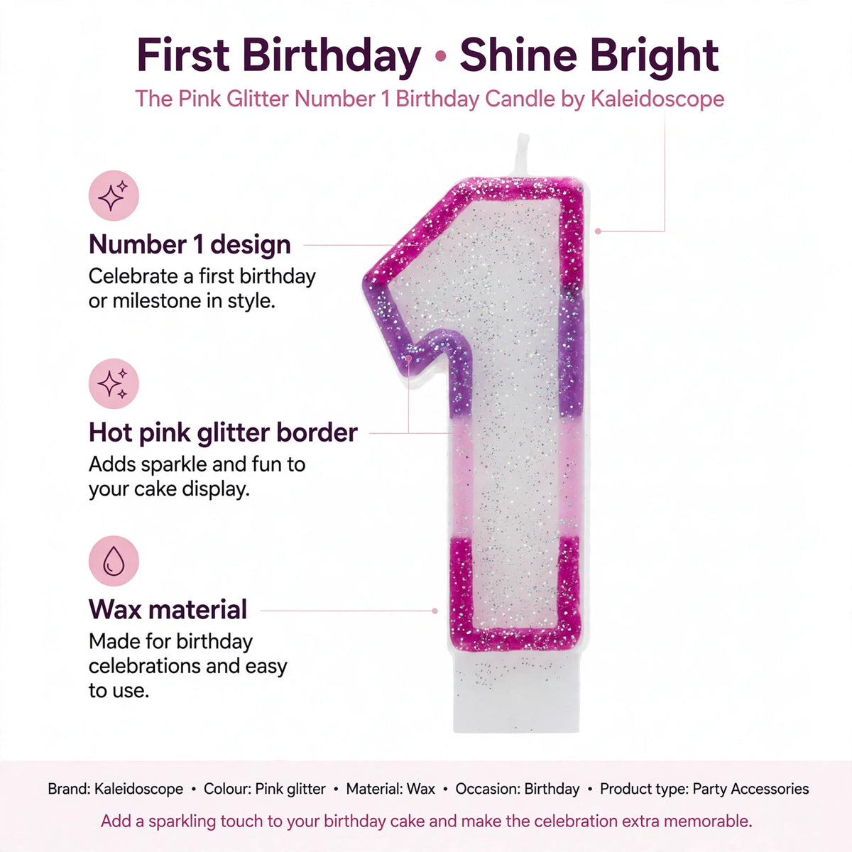 Infographic showing Number 1 design, hot pink glitter border, and wax material