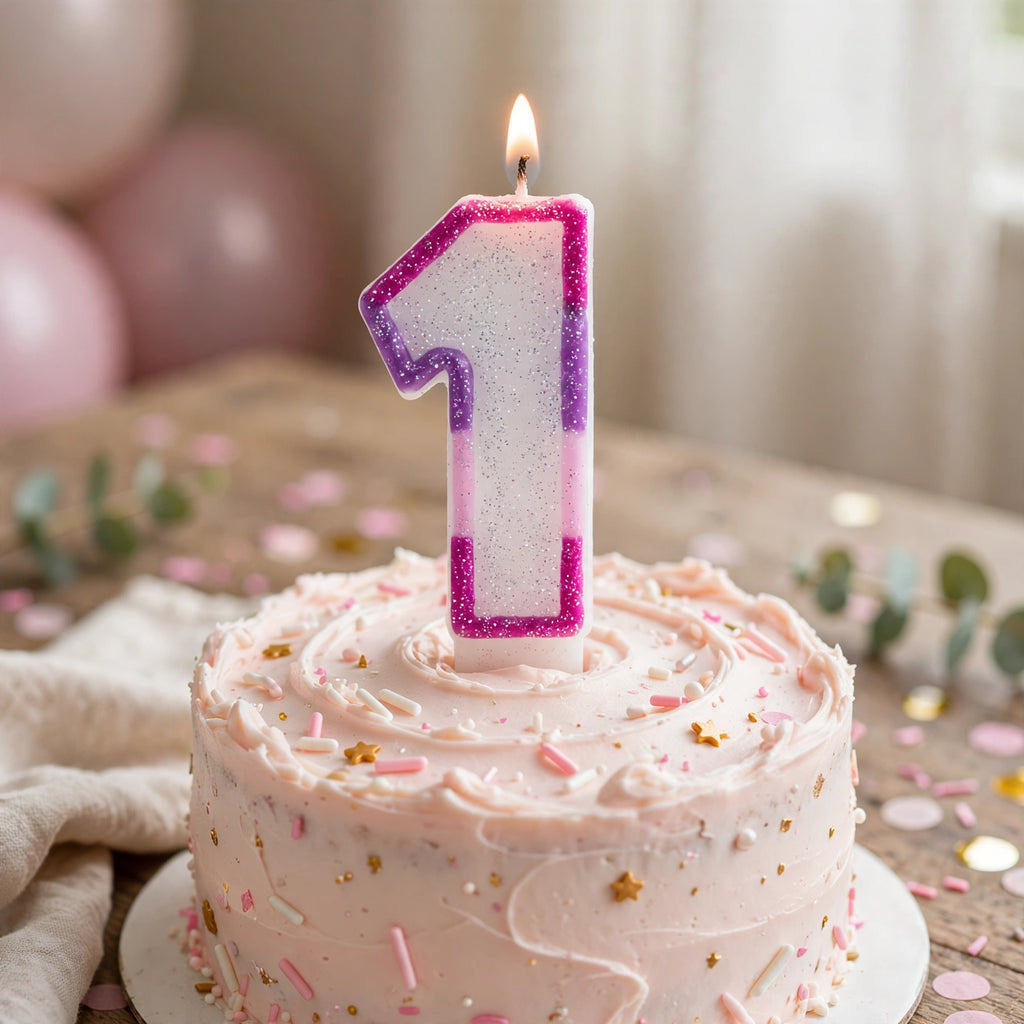 Pink Glitter Number 1 Birthday Candle displayed on a birthday cake
