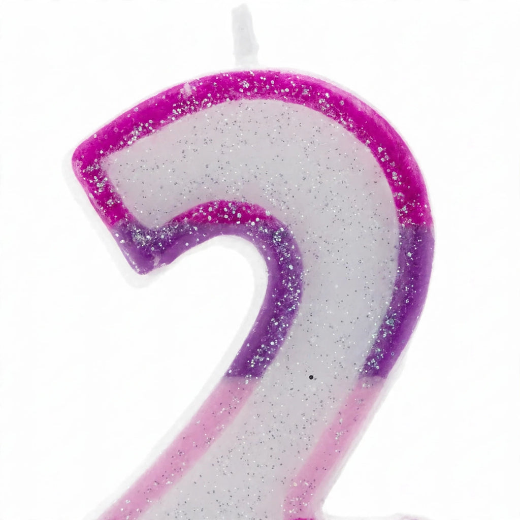 Close-up view of Pink Glitter Number 2 Birthday Candle with glitter detail