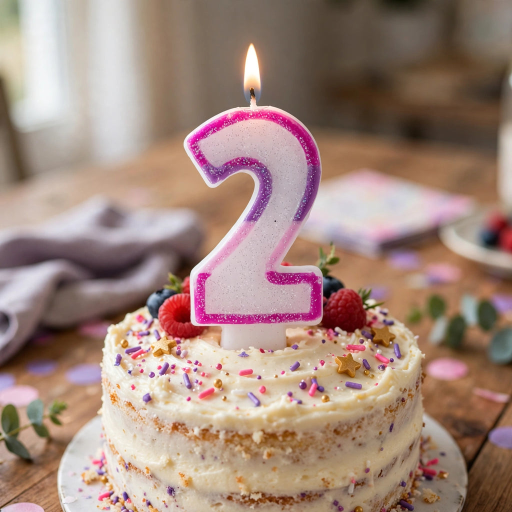 Pink Glitter Number 2 Birthday Candle displayed on a birthday cake