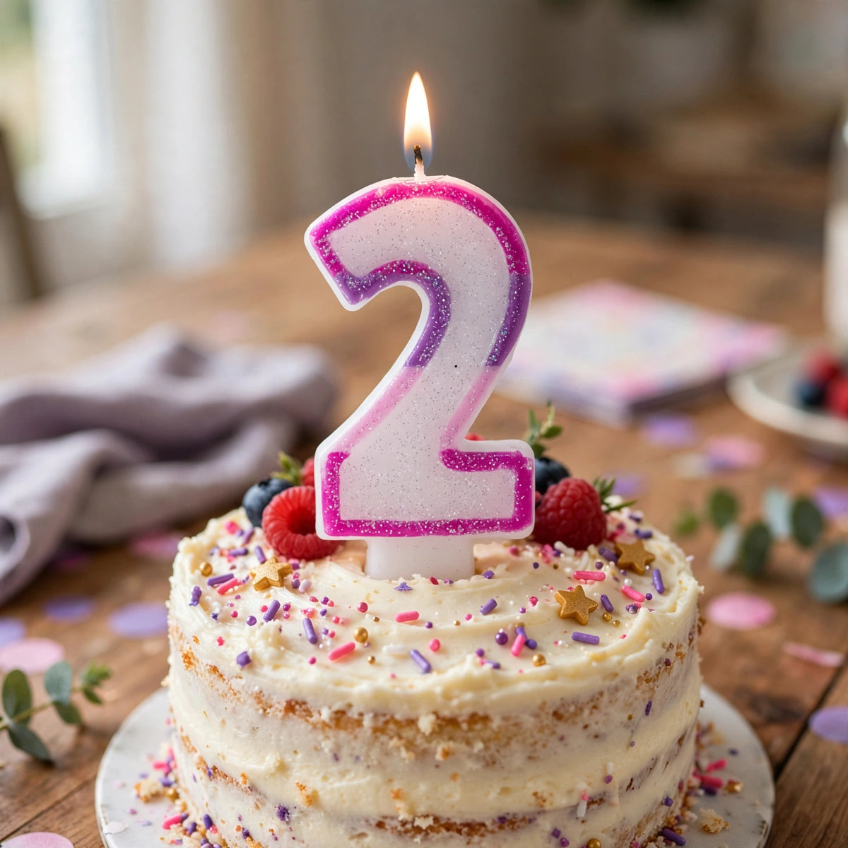 Pink Glitter Number 2 Birthday Candle displayed on a birthday cake