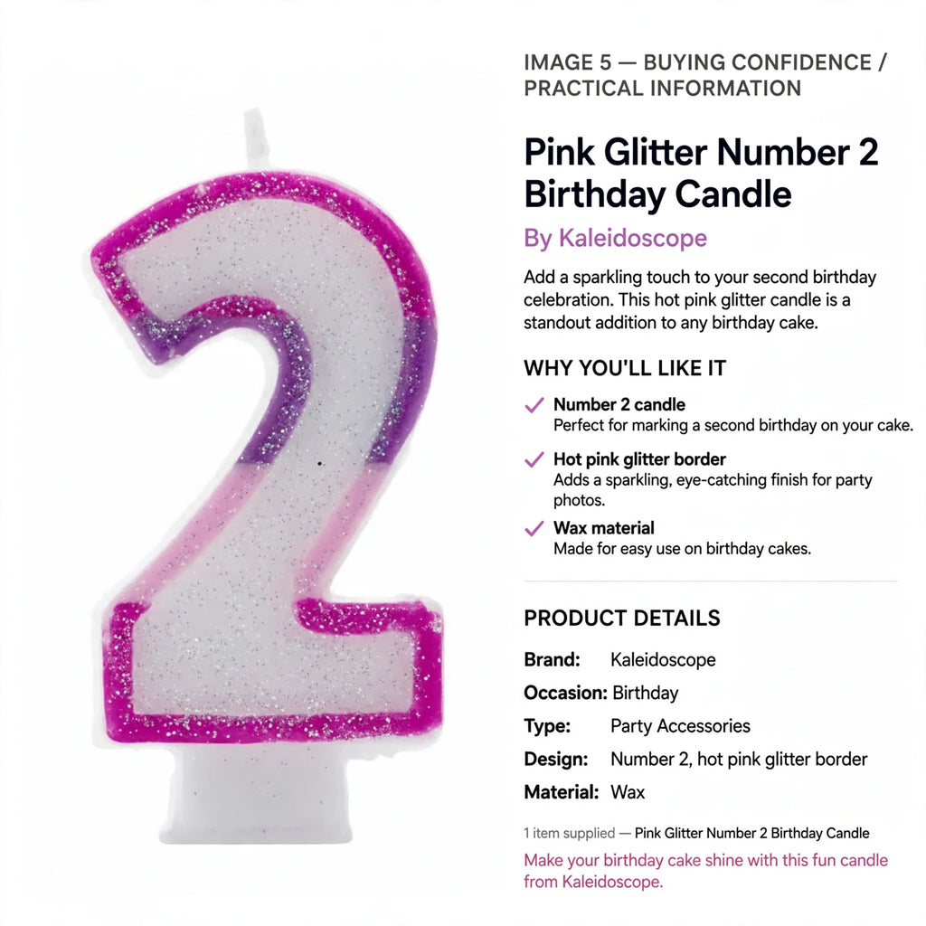 Pink Glitter Number 2 Birthday Candle made of wax for birthday cake decoration