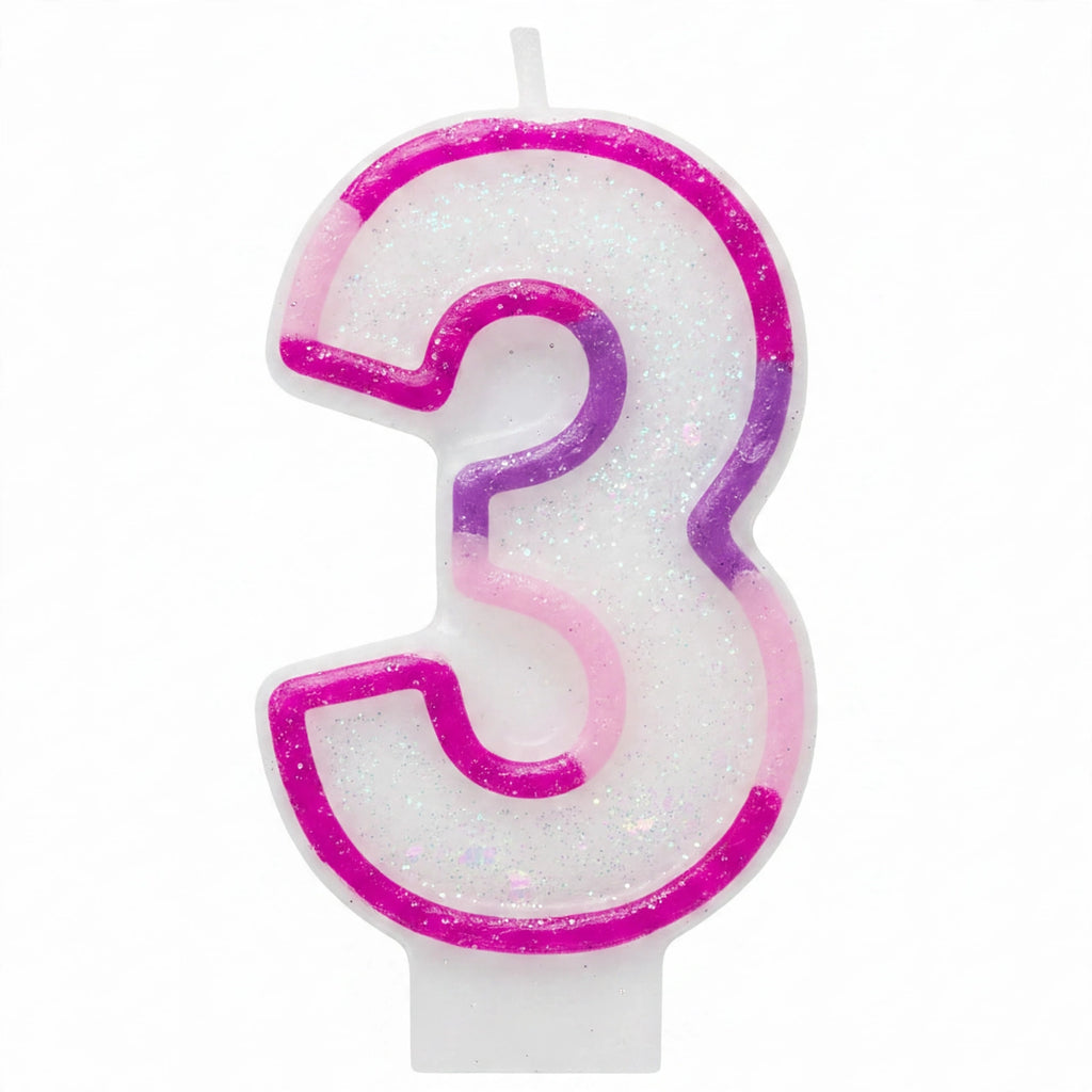 Close-up view of Pink Glitter Number 3 Birthday Candle highlighting glitter and border