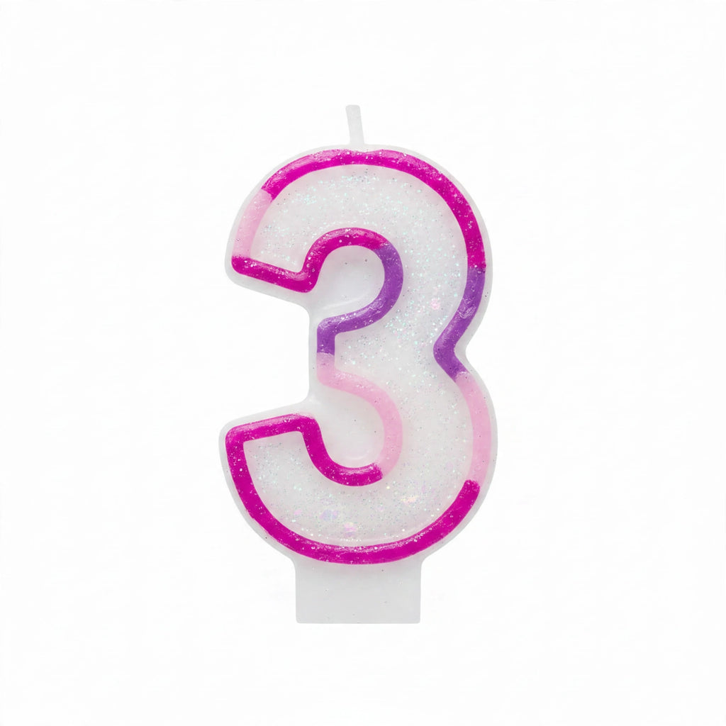 Pink Glitter Number 3 Birthday Candle with iridescent glitter finish and bold fuchsia border