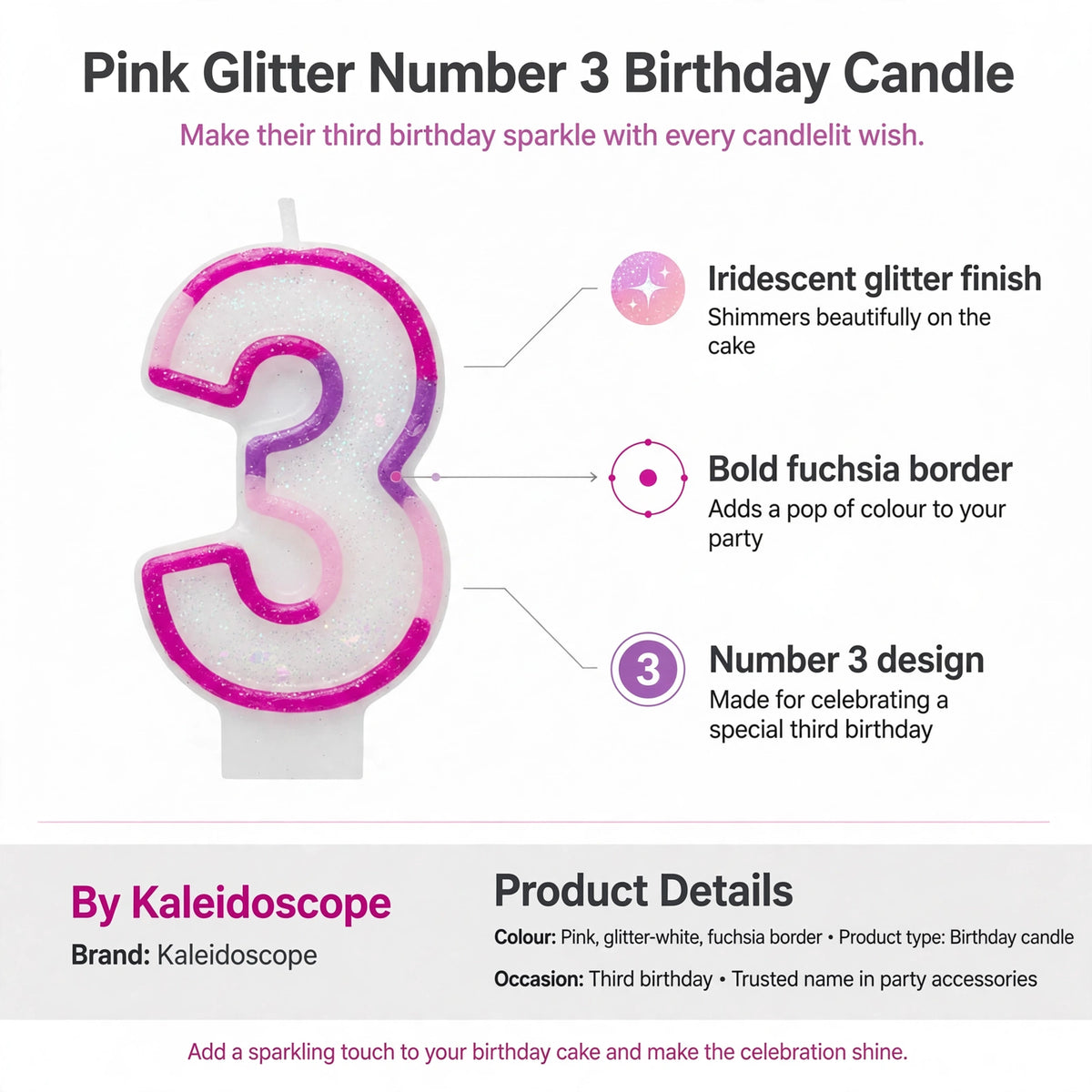 Infographic showing iridescent glitter finish, bold fuchsia border, and number 3 design features