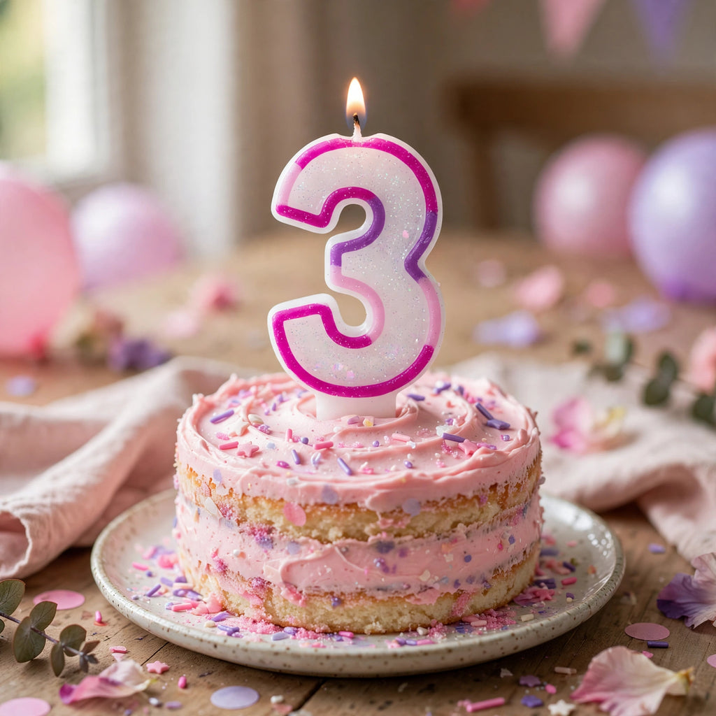 Pink Glitter Number 3 Birthday Candle lit on a birthday cake for a third birthday celebration