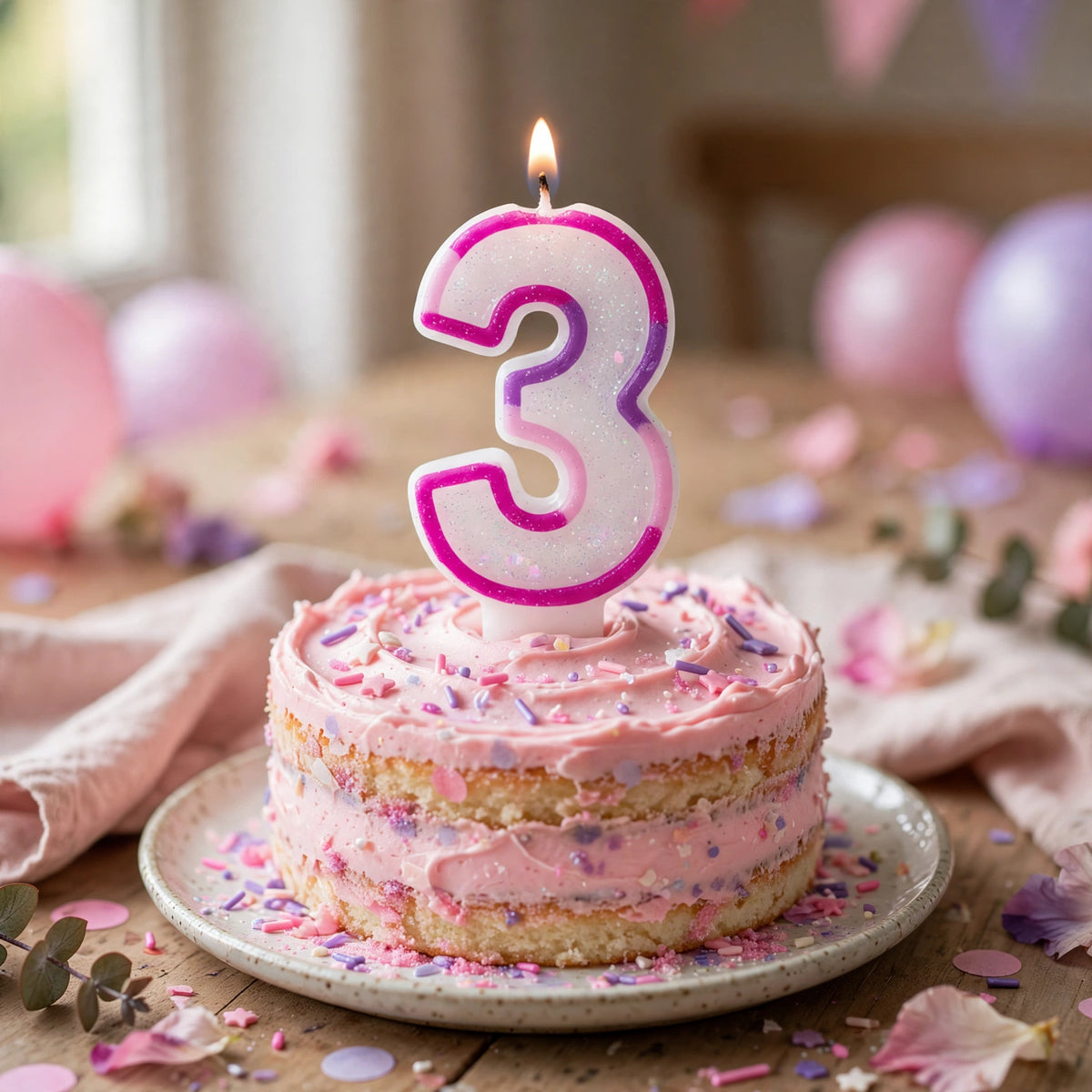 Pink Glitter Number 3 Birthday Candle lit on a birthday cake for a third birthday celebration