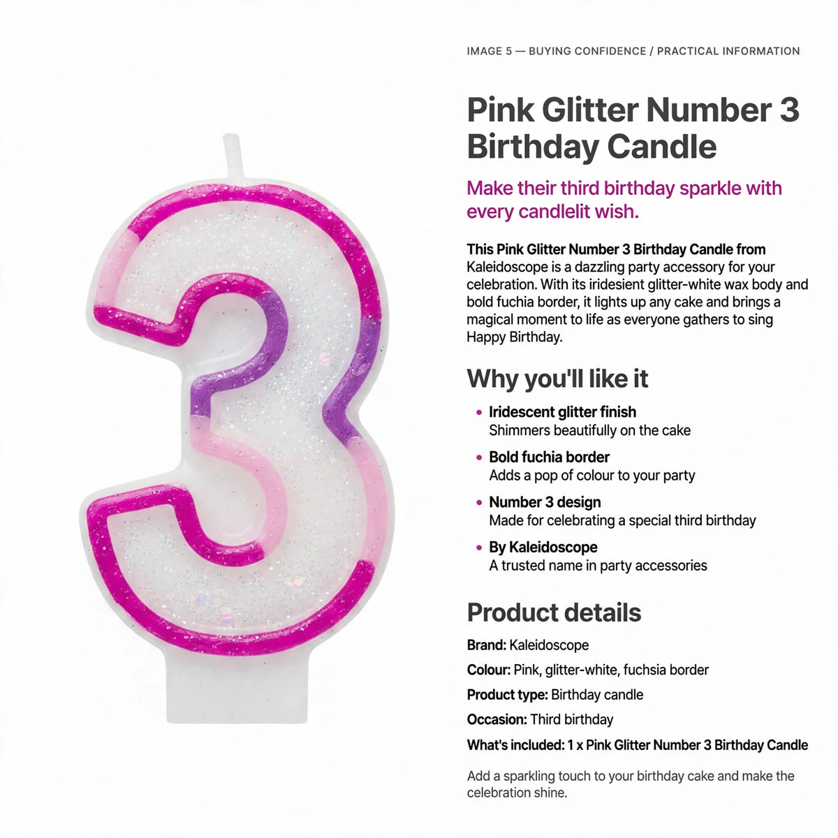Birthday candle designed for third birthday celebrations with glitter finish and colorful border