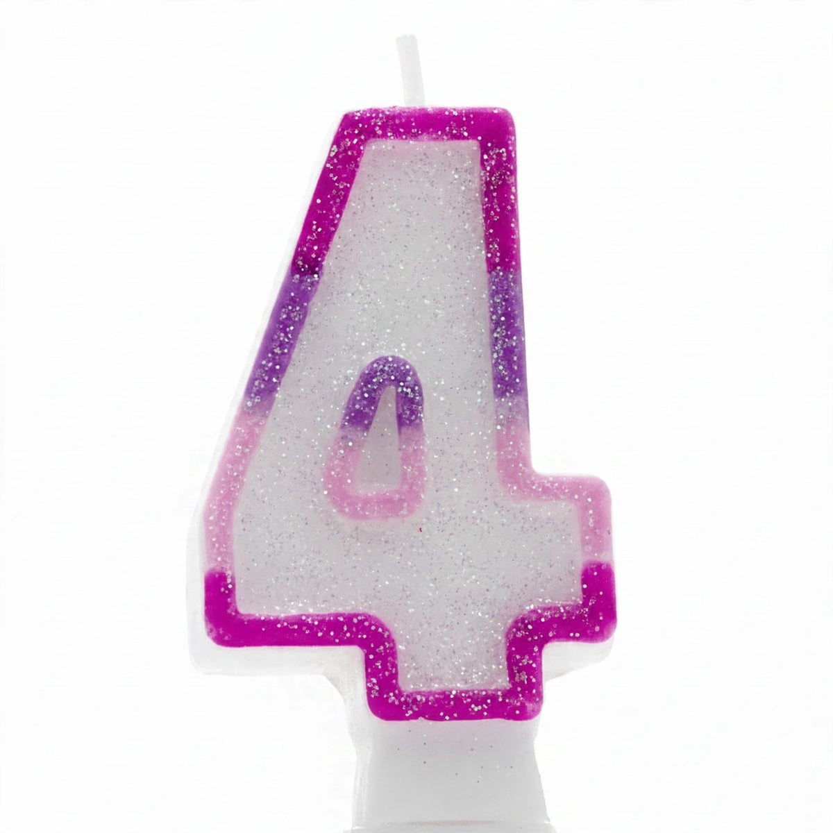 Close-up view of Pink Glitter Number 4 Birthday Candle highlighting glitter border and pearlescent wax