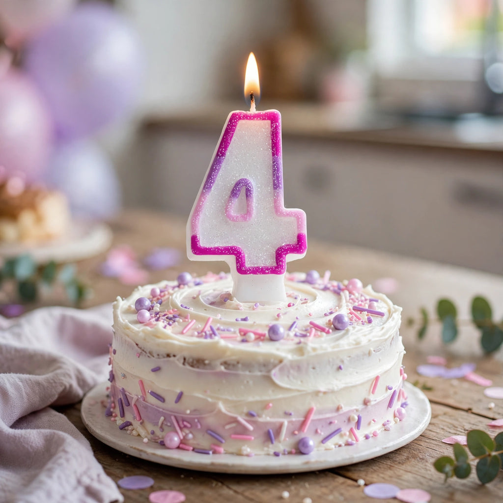 Pink Glitter Number 4 Birthday Candle placed on a birthday cake for a fourth birthday celebration