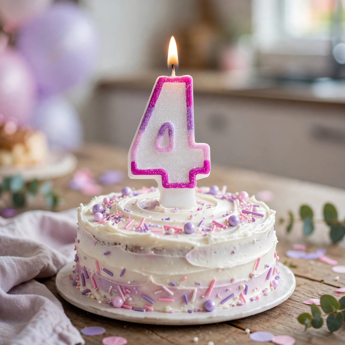 Pink Glitter Number 4 Birthday Candle placed on a birthday cake for a fourth birthday celebration
