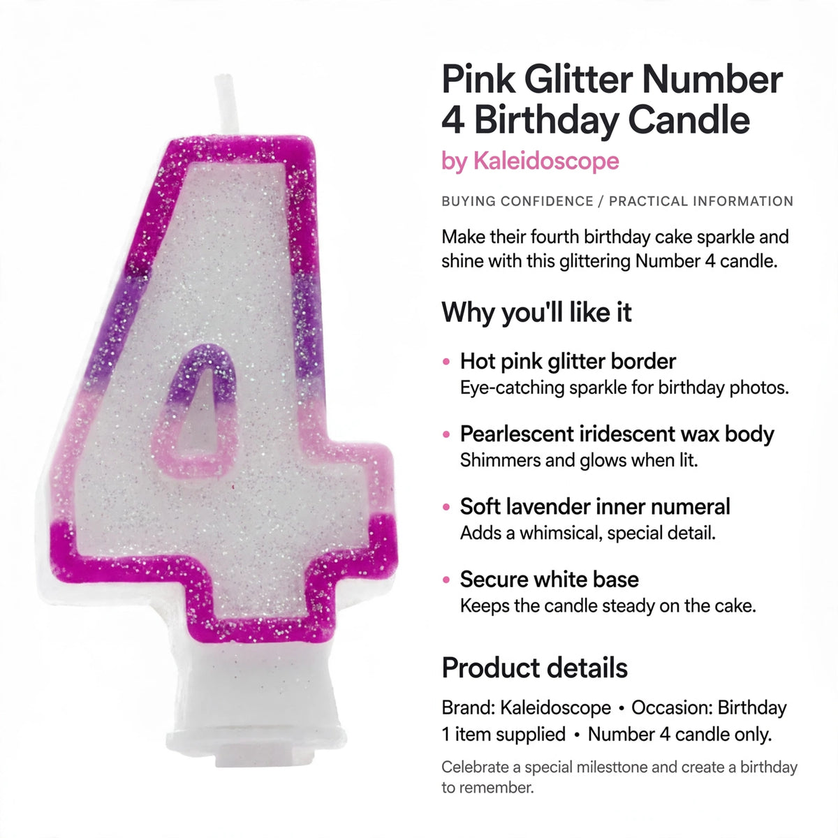 Pink Glitter Number 4 Birthday Candle designed for birthday celebrations with a stable white base