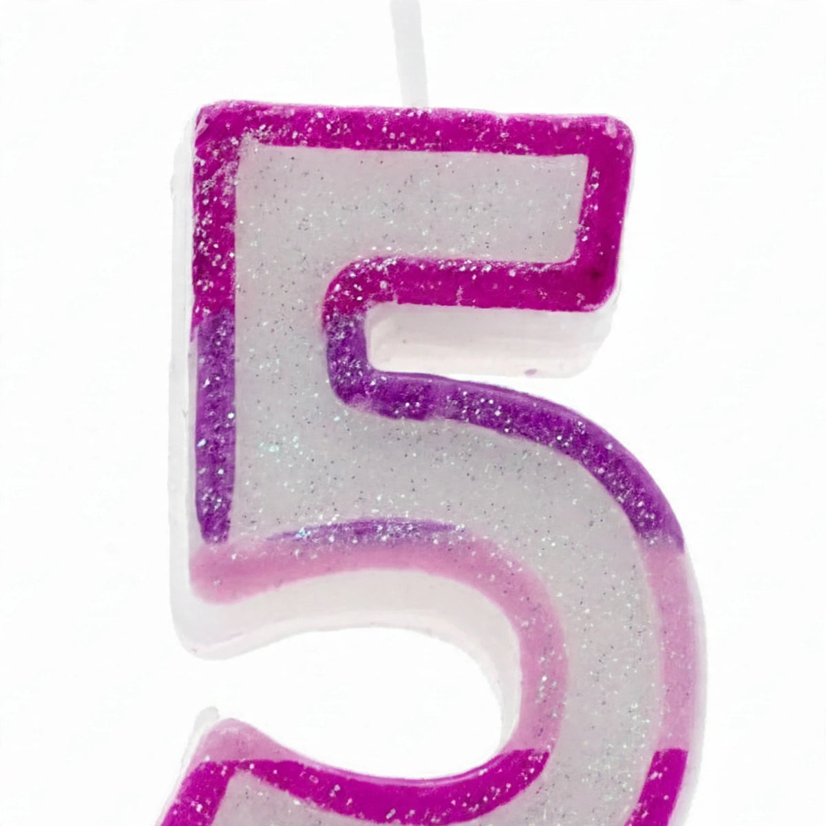 Close-up of Pink Glitter Number 5 Birthday Candle highlighting glitter border and lavender-pink centre